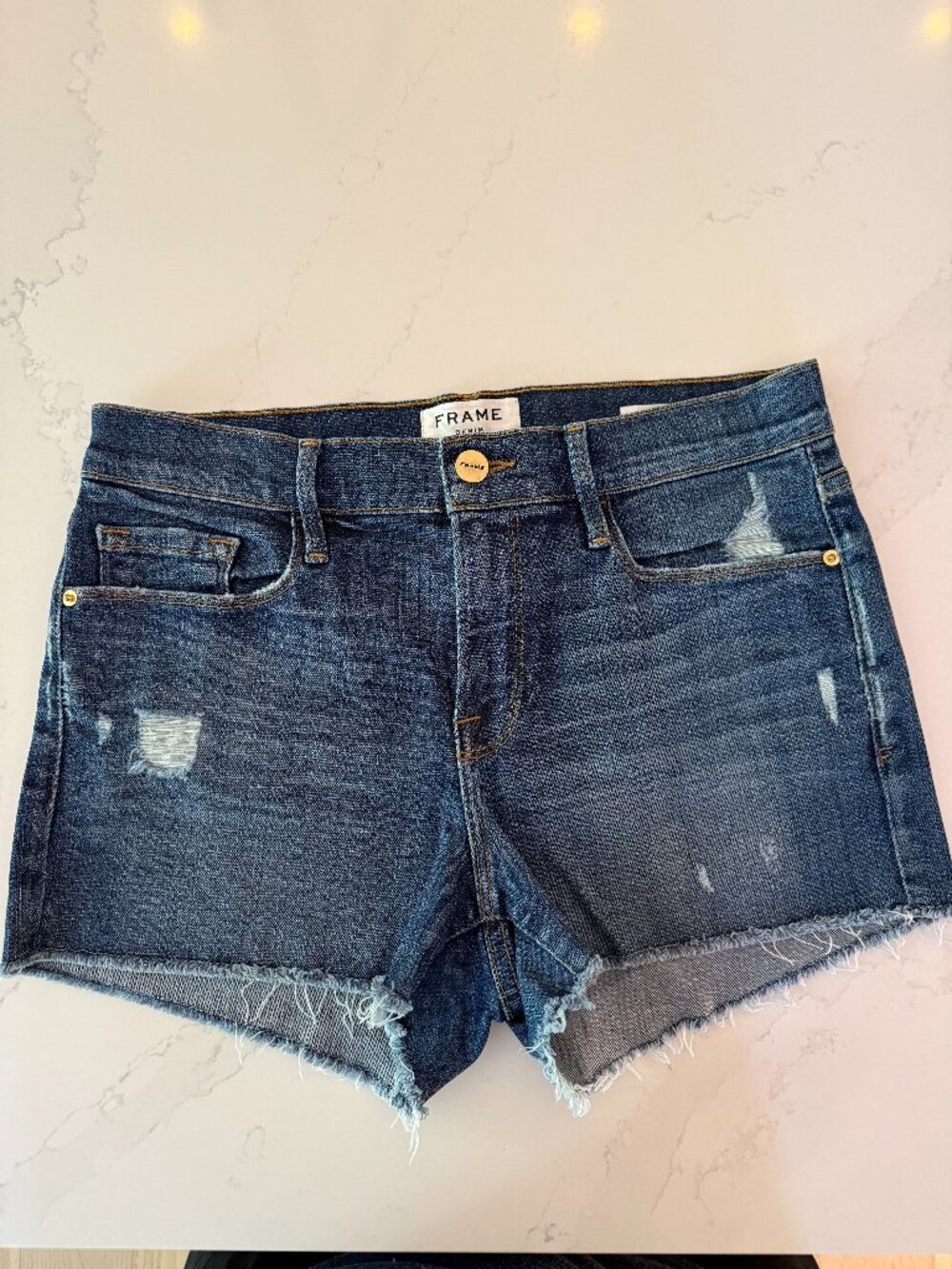 FRAME Denim Le Cutoff Denim Shorts with distressing, like new, size 27